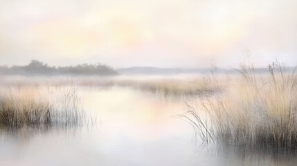 Fototapeta premium Misty sunrise over a tranquil marsh.