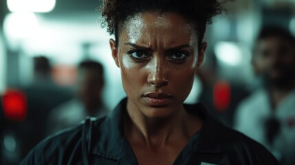 A strong, focused female figure with an intense expression, capturing the essence of determination and resilience in a competitive and dynamic environment.