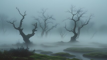 Twisted Trees in Foggy Moss Landscape &ndash; Mysterious Nature Scene