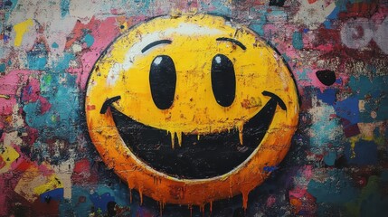 Vibrant Smiley Face Graffiti Art: Bold Urban Street Art with Cheerful Expression