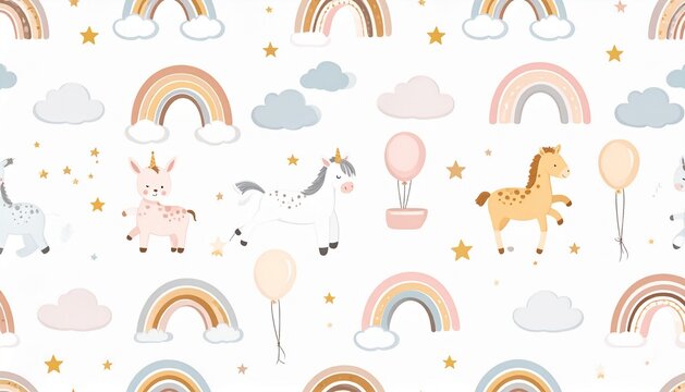Seamless playful wallpaper for toddler's room.A seamless, colorful wallpaper design featuring cute and cheerful elements, perfect for creating a joyful and stimulating atmosphere in a toddler’s room. 