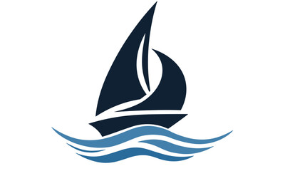 Blue sailing boat logo, abstract sailboat icon on waves, vector illustration, ocean transport, sea journey, marine travel, nautical design, sailing emblem, ship symbol, yacht logo.