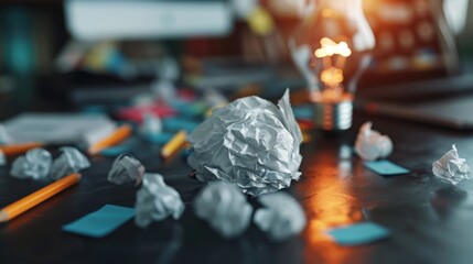 The image depicts a cluttered workspace with crumpled paper balls, colorful sticky notes, and a glowing bulb, portraying the chaotic yet creative environment of idea generation.