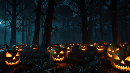 A haunted forest at midnight with dozens of floating, demonic pumpkins with evil carved faces and glowing eyes.