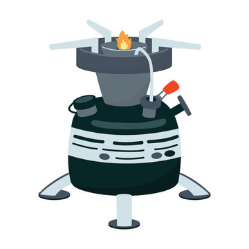 Primus for tourism and active pastime. Liquid fuel portable burner for heating and cooking. Vector object isolated on white background for use in card, banner template. Cartoon illustration.