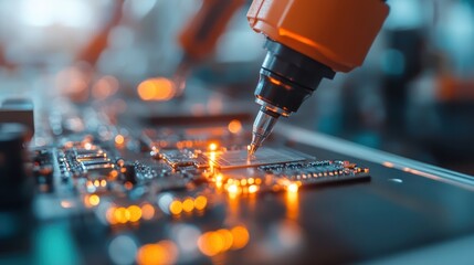 An advanced robotic arm carefully working on an electronic circuit board, emphasizing the integration of technology and precision engineering in modern manufacturing processes.