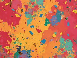 A vibrant and dynamic abstract background featuring an energetic explosion of colorful paint splatters, splashes, and distressed textures in a lively, artistic composition.