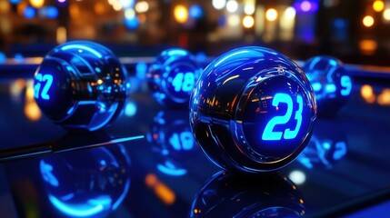 Close-up of glowing, metallic lottery balls on a dark reflective surface. City lights blurred in background