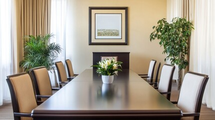 Fototapeta premium Meeting room, long table, beige walls