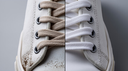 Comparison of dirty and clean white sneakers in close-up