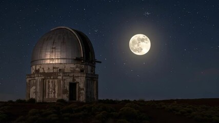 Observatory building under full moon and starry night sky - Powered by Adobe