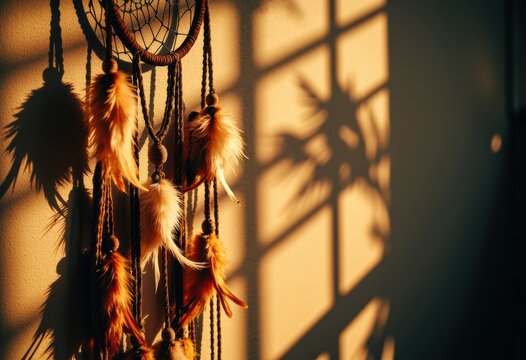 Dreamcatcher with feathers hanging in warm sunlight casting shadows on the wall