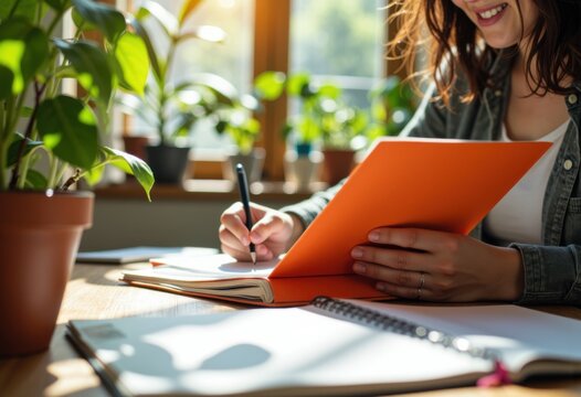 Woman smiling while writing in a notebook with an orange folder on a bright desk