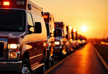 Line of emergency vehicles parked along the road at sunset with a warm glow