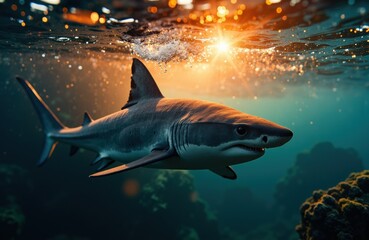 Fototapeta premium A shark swimming underwater with sunlight shining through the water surface