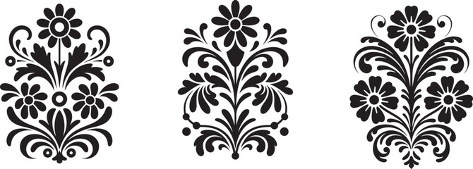 Elegant Black and White Floral Damask Designs Three Unique Vector Illustrations