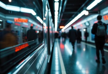 Modern subway station with passengers waiting and reflective surfaces creating a vibrant urban scene