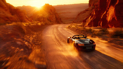 Dynamic shot of a high-performance vehicle racing through a dramatic desert landscape as the sun sets. Power and freedom on wheels.