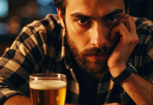 A contemplative man resting his chin on his hand beside a glass of beer
