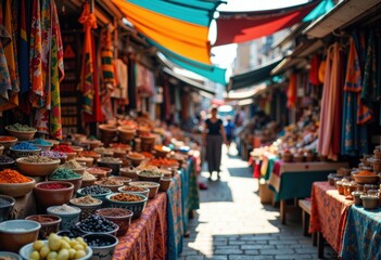 Fototapeta premium Vibrant outdoor market with colorful stalls and a variety of fresh produce and goods
