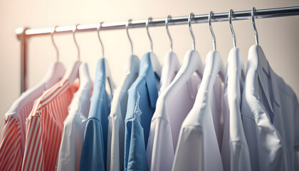 Shirts encased in plastic sleeves hanging neatly on a rack with a soft-lit backdrop., papercraft. isolated with white highlights