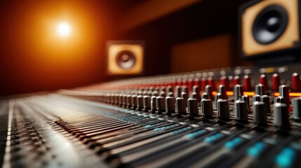 A close-up view of an audio mixing console, showcasing its intricate controls and vibrant lights, representing the artistry and technical precision of sound production.