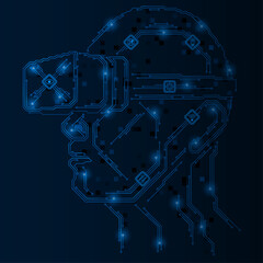 A man wearing augmented reality glasses in the form of a circuit board. The integration of human consciousness into the digital technologies of the future.