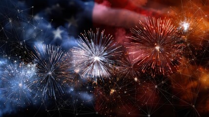 Vibrant fireworks burst against american flag background