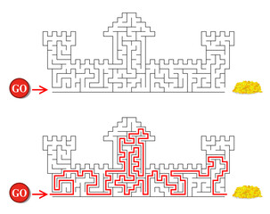 Maze inside castle with towers. Brick fortress labyrinth. Medium difficulty vector puzzle with entry and exit. Riddle with solution - red passing route. Logic game for kids and parents