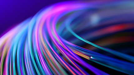 A vibrant, abstract swirl of glowing optical fibers in blue, pink, and purple hues, symbolizing high-speed data and modern connectivity.