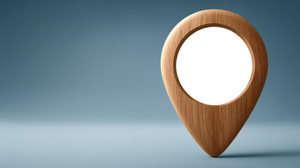 Wooden location pin. Inside the circular window of the transparent pin, Copy space for text