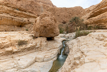 Small  waterfall downstream in the Arugot Stream Nature Reserve near the Dead Sea in the southern Israel