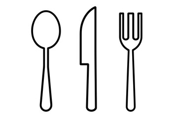 Dining spoon, knife, fork icon pack in thin line, cutlery vector illustration, kitchen tools, minimal flat style, table utensils silhouette, cooking equipment, food service, cutout.