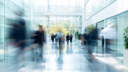 Blurred business people move purposefully through a modern office building or airport terminal, conveying motion and busy activity.
