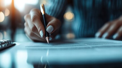 An individual’s hand gracefully writes on a piece of paper using a sleek pen, signifying focus and dedication to important tasks or documentation in a business setting.