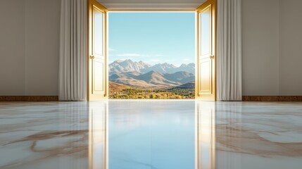 Obraz premium A beautifully framed open doorway reveals a breathtaking view of majestic mountains and blue skies, symbolizing opportunity and the allure of the great outdoors beyond.
