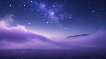 Purple Mist Landscape Under Starry Galaxy and Ethereal Horizon