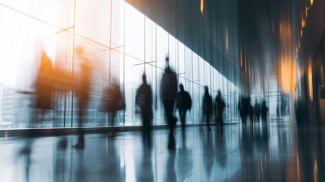 Blurred business people move purposefully through a modern office building or airport terminal, conveying motion and busy activity.
 - Powered by Adobe