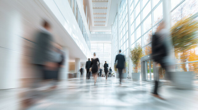 Blurred business people move purposefully through a modern office building or airport terminal, conveying motion and busy activity.
- Powered by Adobe