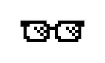 Pixel glasses thug life meme icon vector illustration, cool sunglasses emoji, retro pixel art accessory, sarcastic humor design, viral internet joke, comic effect, cutout.