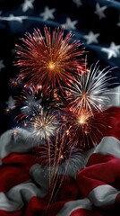 Vibrant fireworks display against american flag background celebrating independence day