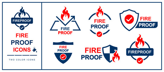 fire or heat resistance icon set. fireproof logotype icons for mockup, product, fabric, chemical etc. eps icons for industrial use. fire resistant labels reflecting security system or special feature