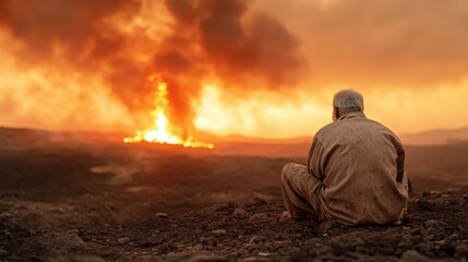 Obraz premium An elderly man sits solemnly, reflecting on a dramatic landscape engulfed in flames, capturing the essence of loss, contemplation, and the impactful beauty of nature's fury.