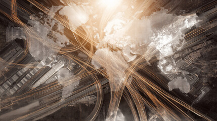 An illuminated world map overlaid with glowing orange light trails and abstract lines, symbolizing global connectivity and data flow.
