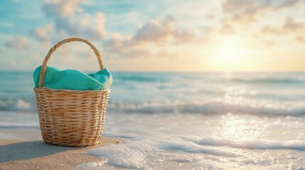 A wicker basket sits peacefully on a sandy beach, filled with turquoise fabric. The serene sunset in the background creates a calm and relaxed atmosphere for beachgoers.
