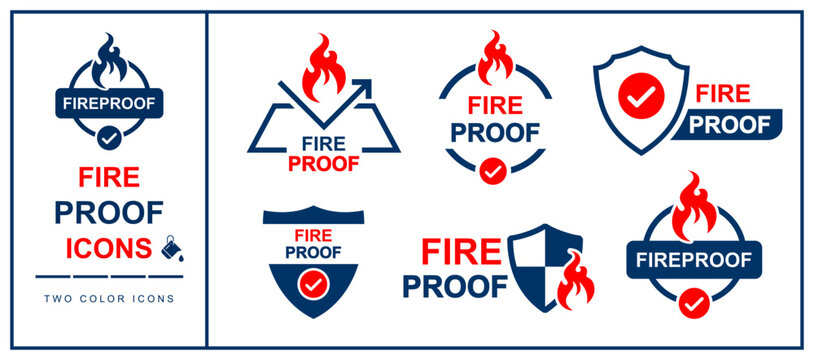 fire or heat resistance icon set. fireproof logotype icons for mockup, product, fabric, chemical etc. eps icons for industrial use. fire resistant labels reflecting security system or special feature