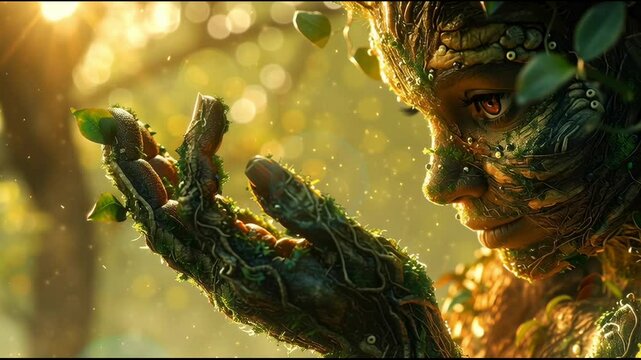 Stylized Mother Nature Figure Holding Out Hand and Opening Eyes &ndash; Gaia Concept