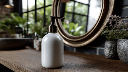 Hand Lotion White Pump Bottle Mockup on Vintage Table with Elegant Mirror Reflection