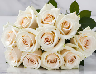 Beautiful white flowers, roses, over marble background. Bouquet of flowers at cemetery , funeral concept., bouquet of white roses