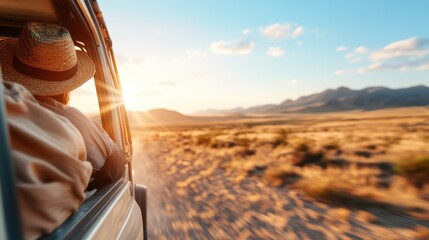 This image captures a road trip adventure as a traveler enjoys the scenic beauty and sunset glow from a car window amidst stunning desert landscapes and mountains.
